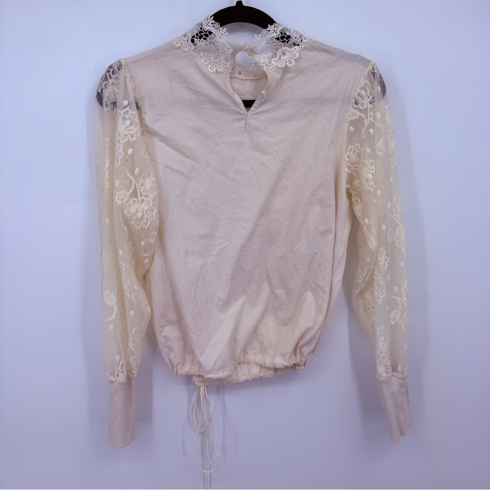 Tiny Cream Lace Blouse High Neck Embroidered Long Sleeve Top Size S - Picture 7 of 7